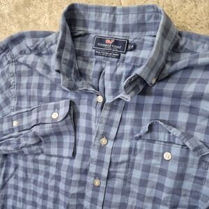 Vineyard Vines Shirt Mens Medium Blue Gingham Check Slim Crosby Linen Cotton